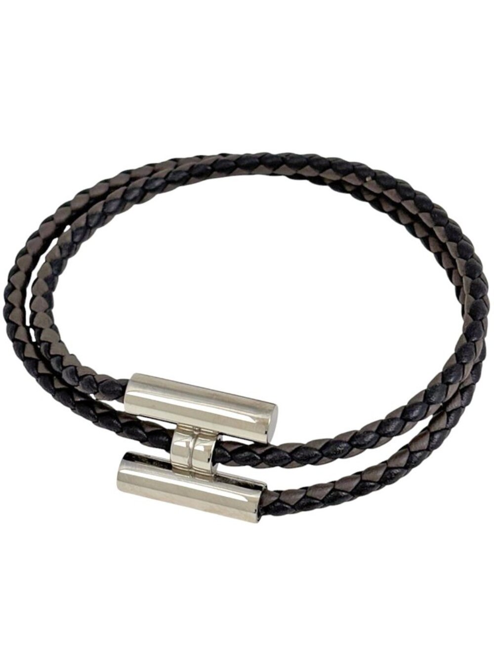 Hermes Tresse Bracelet Metal Leather Silver Black